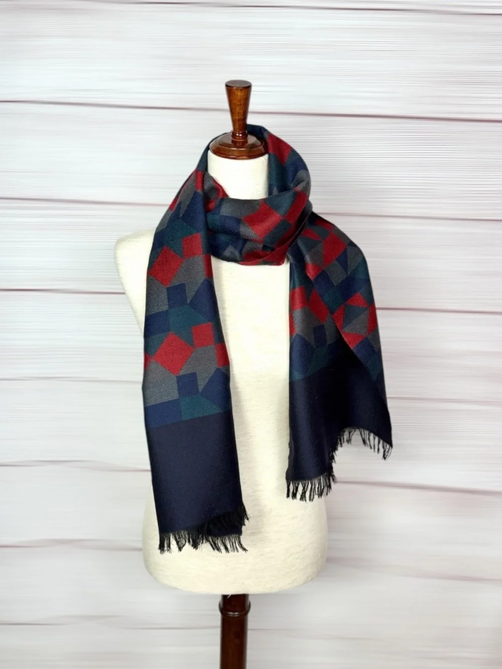 Vintage Wool Long Scarf Geometric Red Blue West Germany Men's Women's Winter
